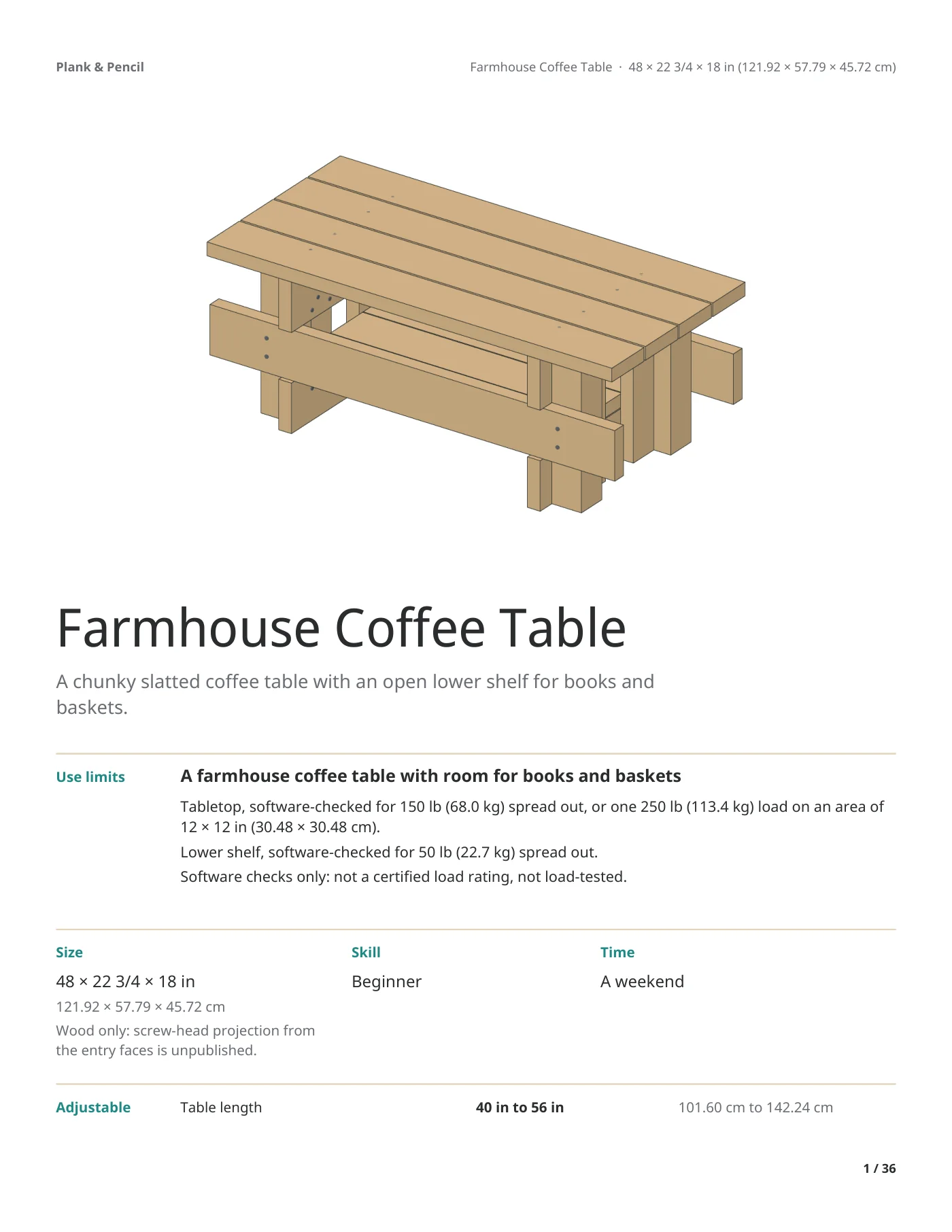 Page 1 of the Farmhouse Coffee Table manual