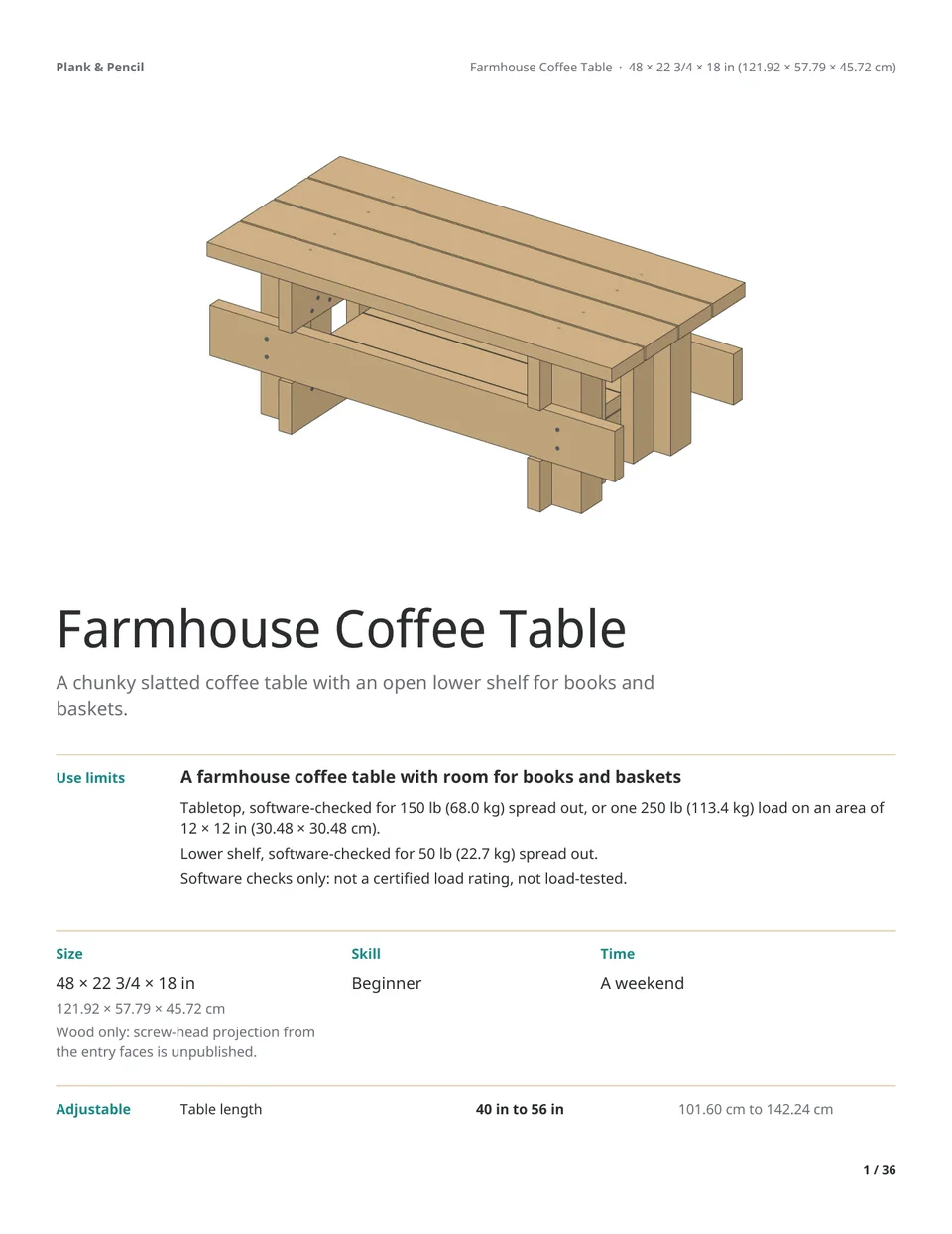 Page 1 of the Farmhouse Coffee Table manual