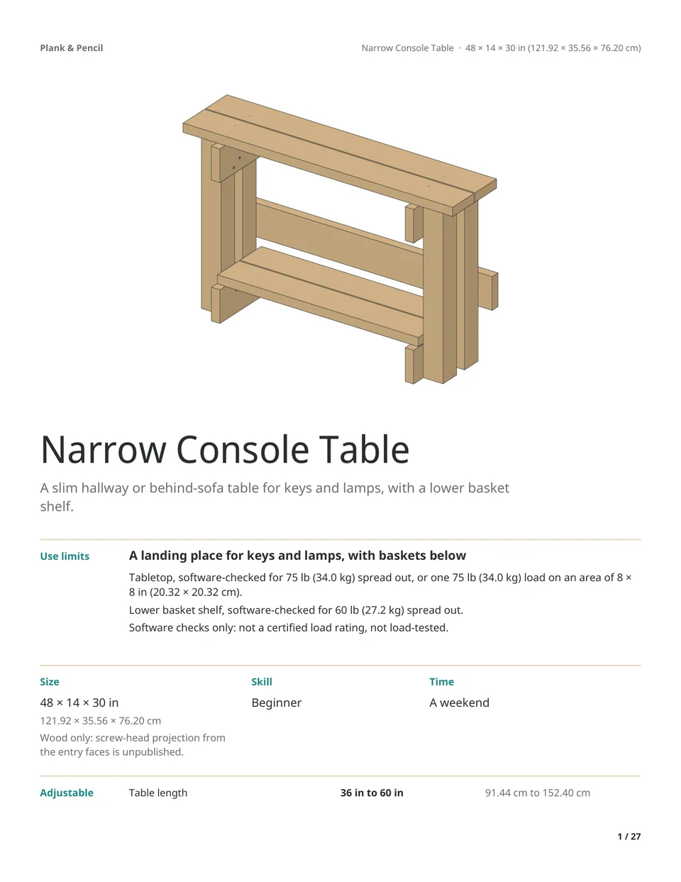 Page 1 of the Narrow Console Table manual