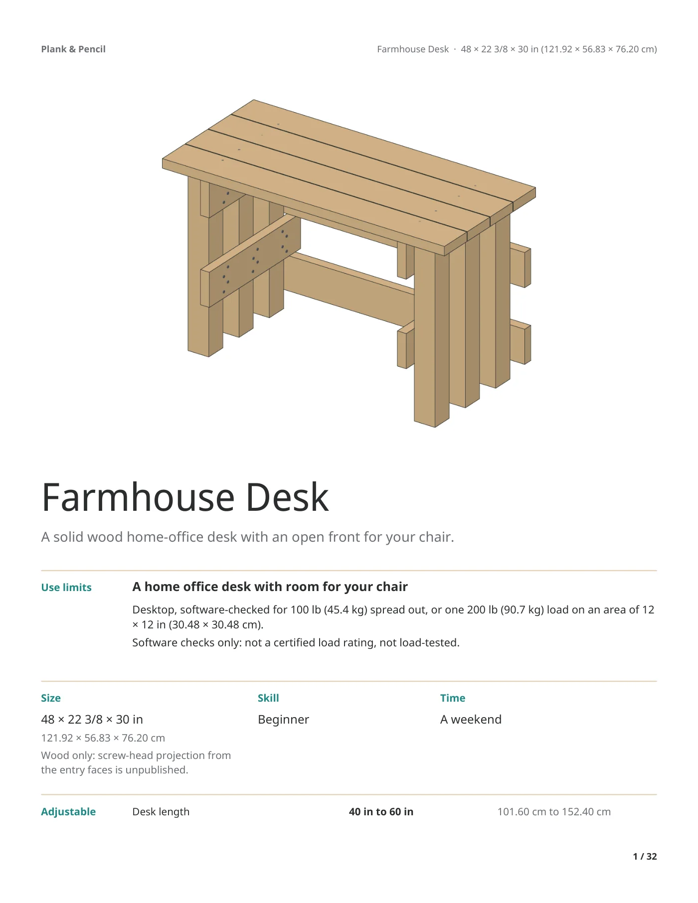 Page 1 of the Farmhouse Desk manual