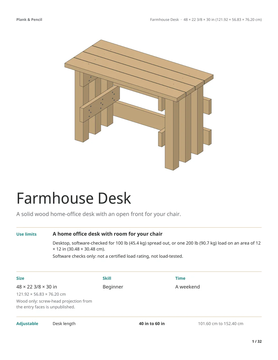 Page 1 of the Farmhouse Desk manual