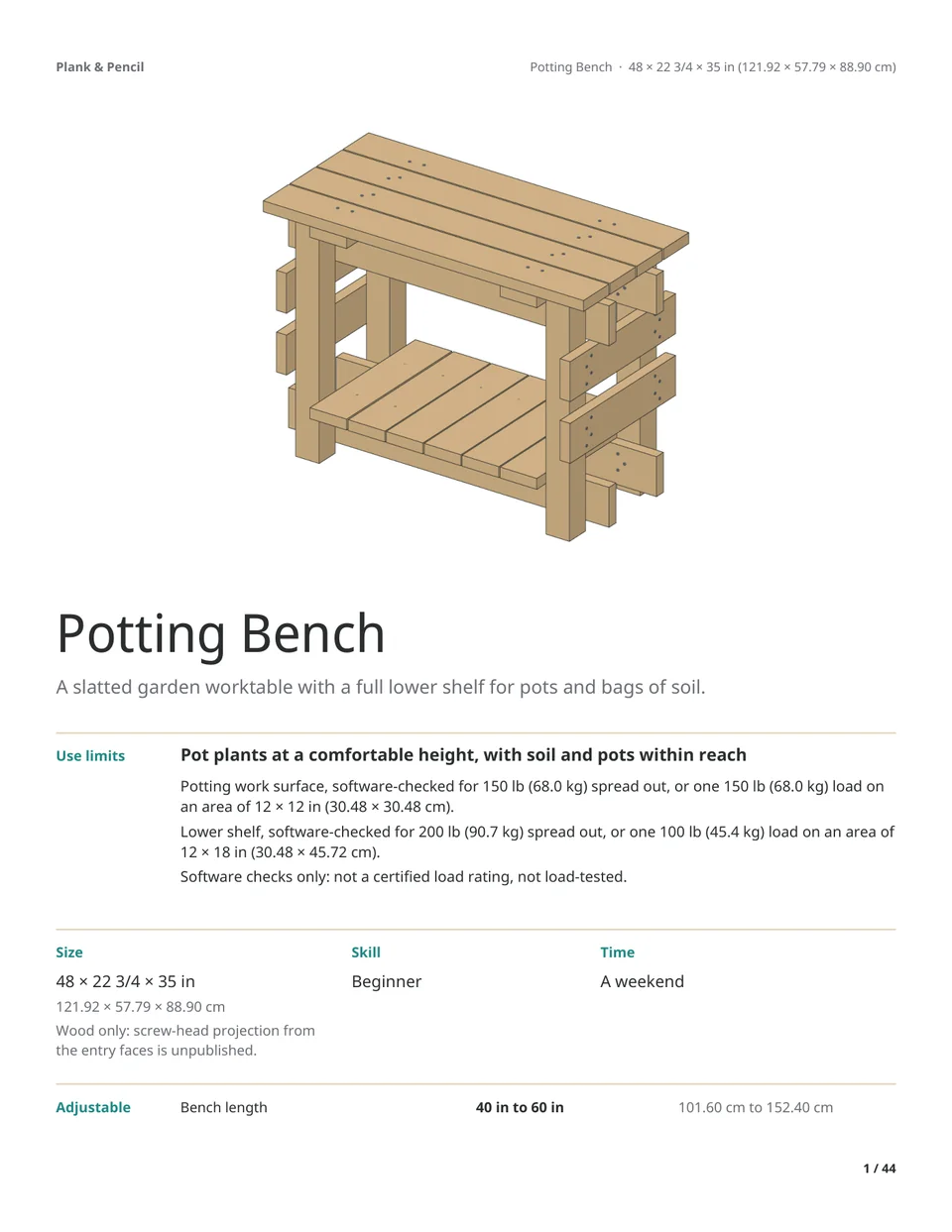 Page 1 of the Potting Bench manual