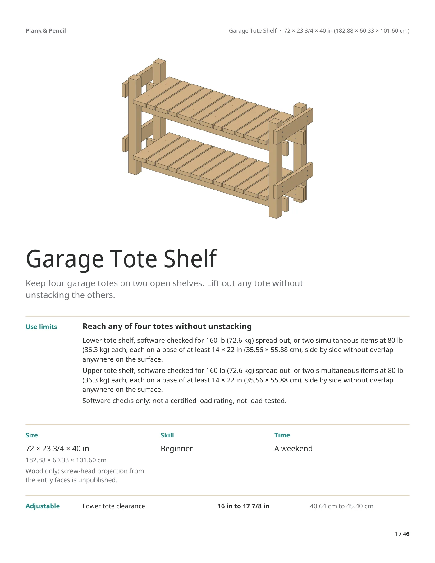 Page 1 of the Garage Tote Shelf manual