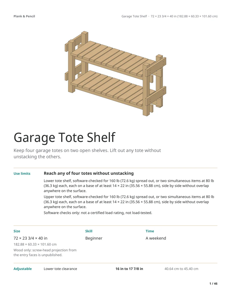 Page 1 of the Garage Tote Shelf manual